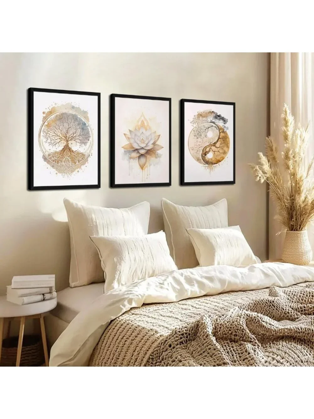 Set of 3 Modern Tree of Life Wall Art, Gold Lotus Zen Canvas Decor, Abstract Yin